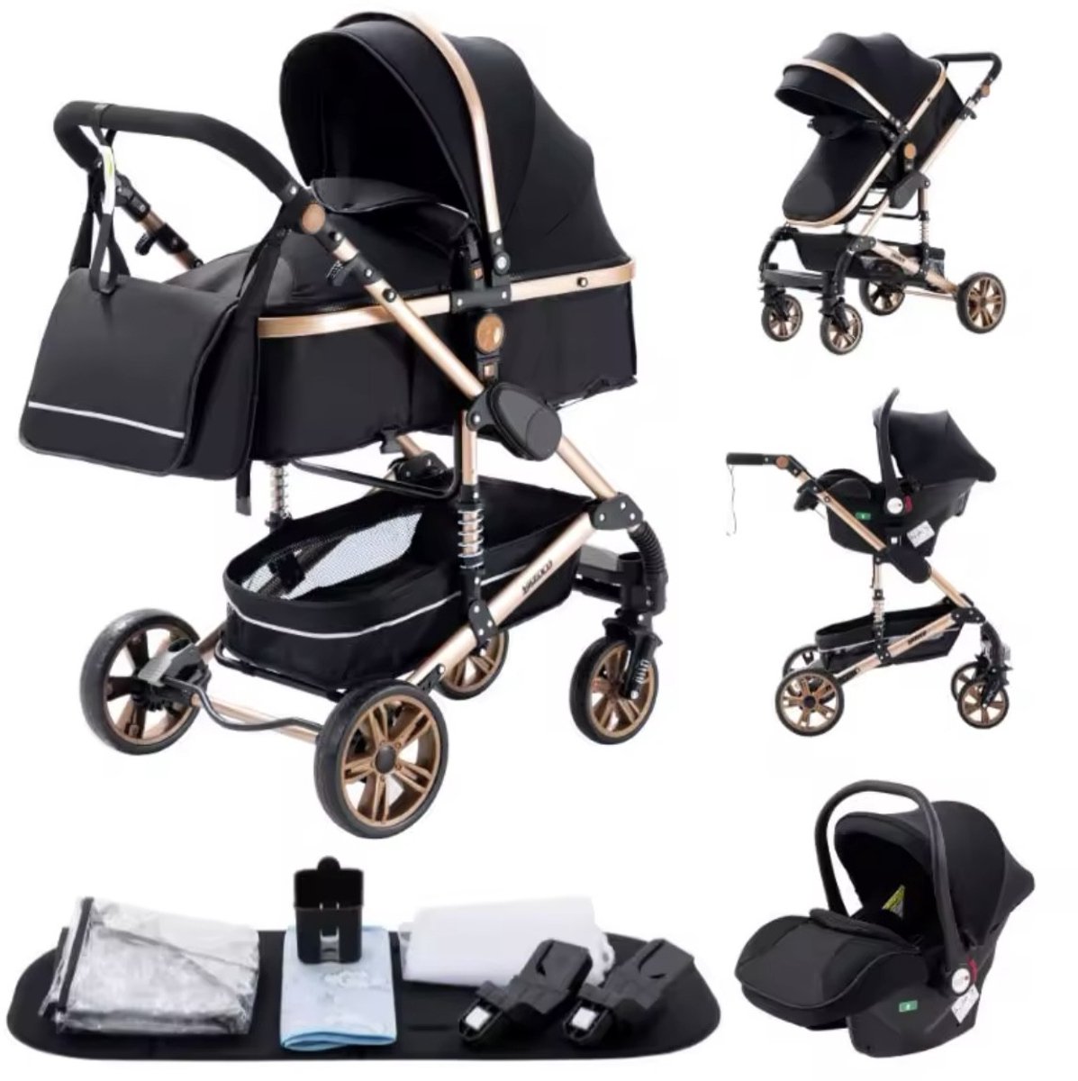 Luxe 3-in-1 Kinderwagen Opklapbaar met Tas - Zwartgoud - Product - €169,00