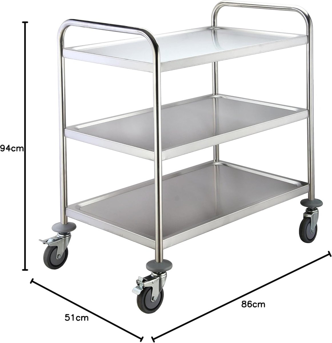 Bol.com SARO RVS serveerwagen, keukentrolley, rolltafel voor zorg en horeca, 3 plateaus, met rem en stootranden aanbieding