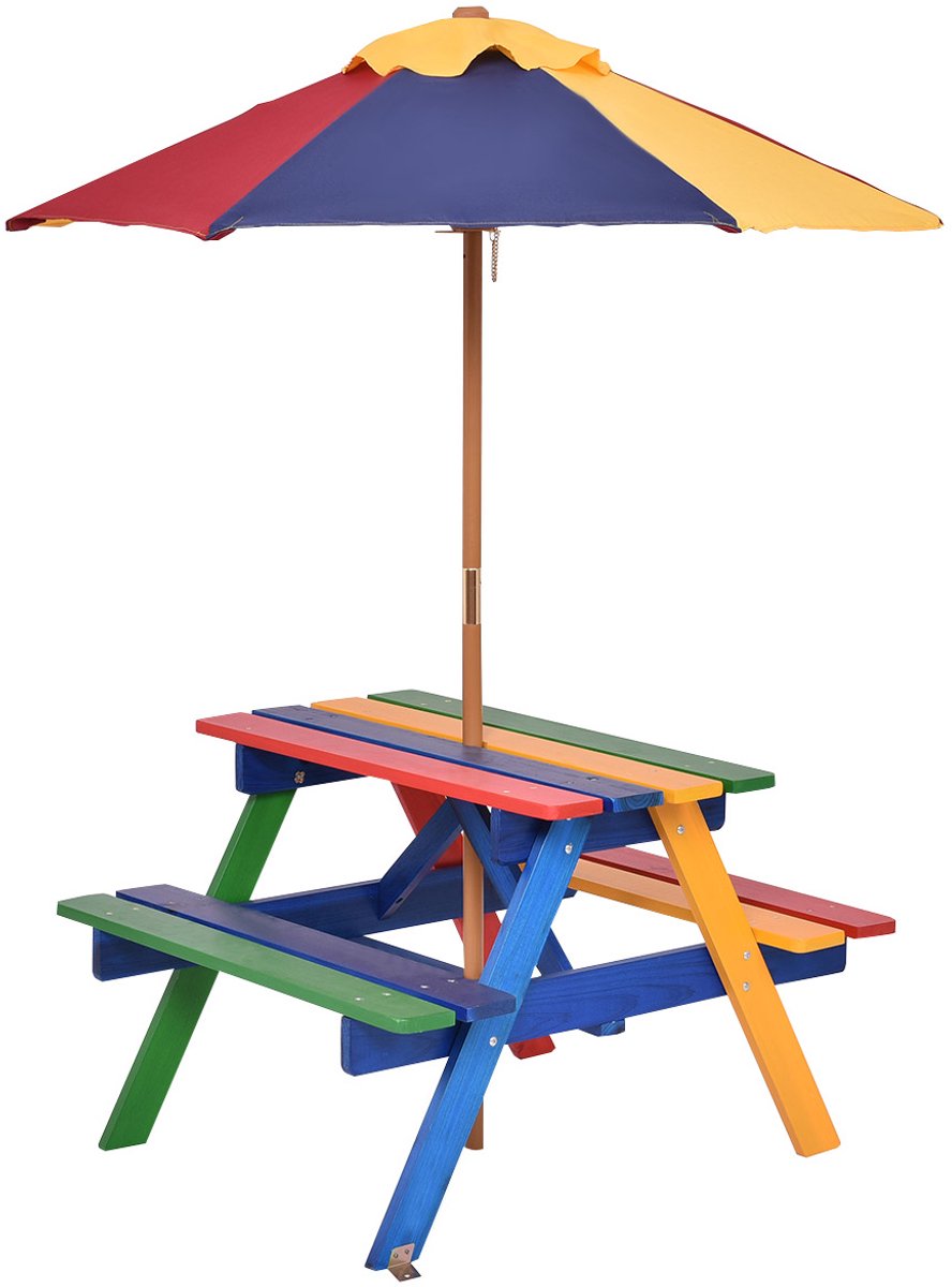 COSTWAY Kinderzitgroep met parasol, kinderzitset van massief hout, picknicktafel, zitgroep buiten, tuinmeubelen voor buiten, kleurrijk