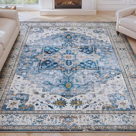 SHACOS Vloerkleed voor de woonkamer, 160 x 230 cm, retrostijl, abstract, laagpolig tapijt, wasbaar, zacht, antislip, voor woonkamer, eetkamer, kantoor, beige