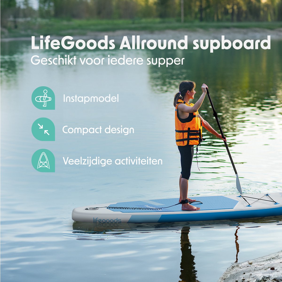 LifeGoods SUP Board Allround Compact - 120 KG Draagkracht - 300 x 76 cm - Opblaasbaar - Compleet SUP pakket - Wit/Sky Blue – foto 2