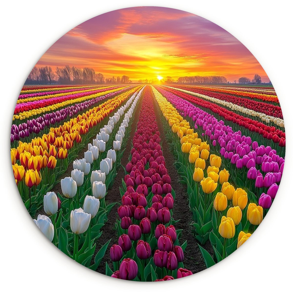 WallCircle Wandcirkel 120x120 cm - Muurcirkel Tulpenveld - Zonsondergang - Kleurrijk - Muurdecoratie woonkamer - Wanddecoratie slaapkamer - Kamer decoratie accessoires - Ronde schilderijen Tulpen - Kleurrijk
