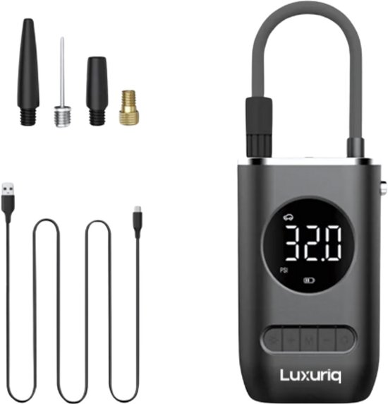 Luxuriq® Elektrische Fietspomp - Fietspomp - Luchtcompressor - Bandenpomp - Ballenpomp - Autobanden - Fietsbanden - Motorbanden - Draagbare - Grijs