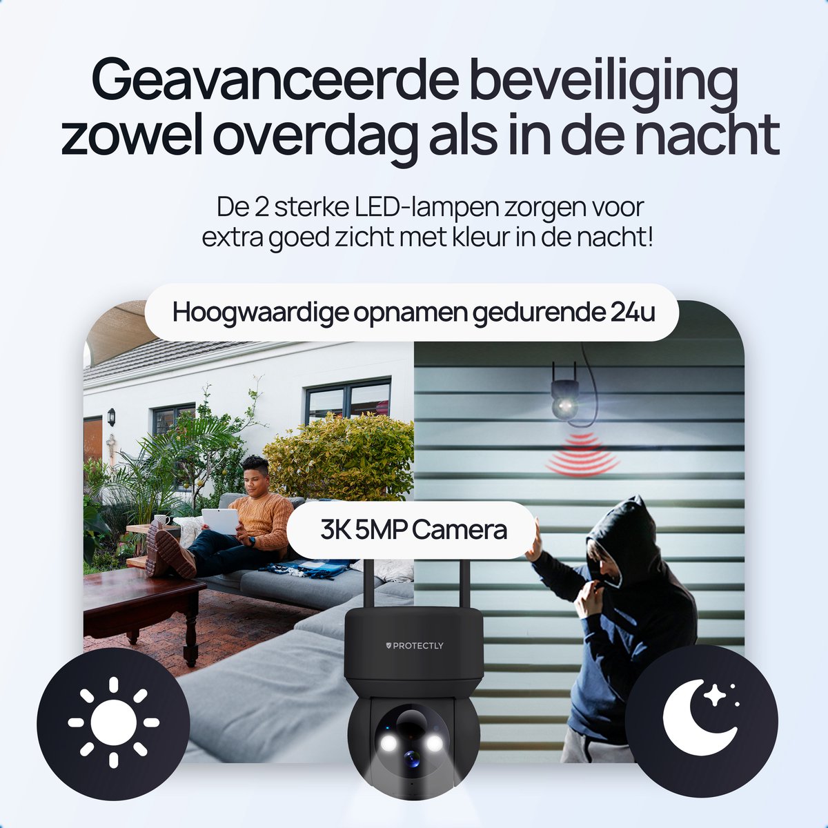 Afbeelding 3 van Protectly® Beveiligingscamera Draadloos Buiten – 3K Ultra HD - Camerabewaking - Bewakingscamera Voor Buiten - Buitencamera - Buiten Camera Met Nachtzicht - Camera Beveiliging - Oplaadbaar - Met WiFi en APP - Incl. 64GB SD - Incl. Zonnepaneel - Zwart