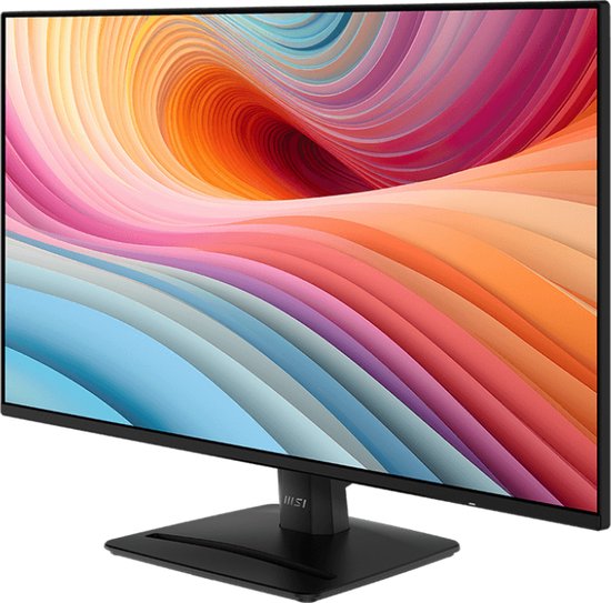 Schuine voor-zijaanzicht van een zwarte MSI monitor met een 27-inch scherm met kleurrijk patroon.