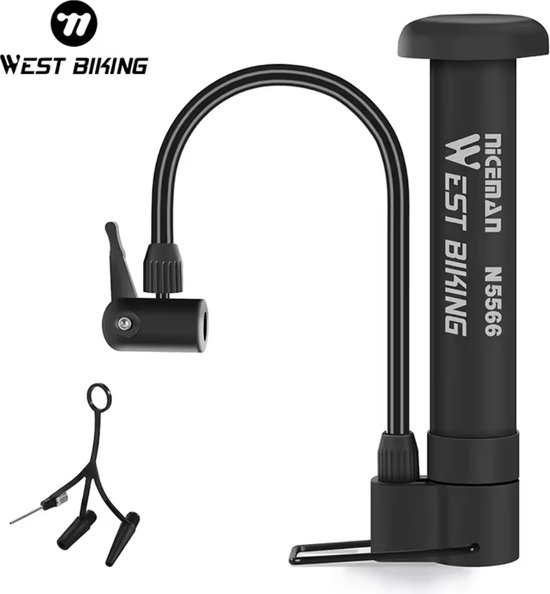 Zwarte West Biking mini fietspomp met slang, kop en naald/ventiel opzetstukken. Logo WEST BIKING.