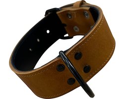 K9 World, honden halsband, cognac bruin leder, dubbel gestikt, 5cm breed, 55-65cm, black edition hardware