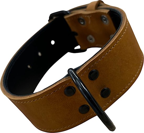 K9 World, honden halsband, cognac bruin leder, dubbel gestikt, 5cm breed, 55-65cm, black edition hardware