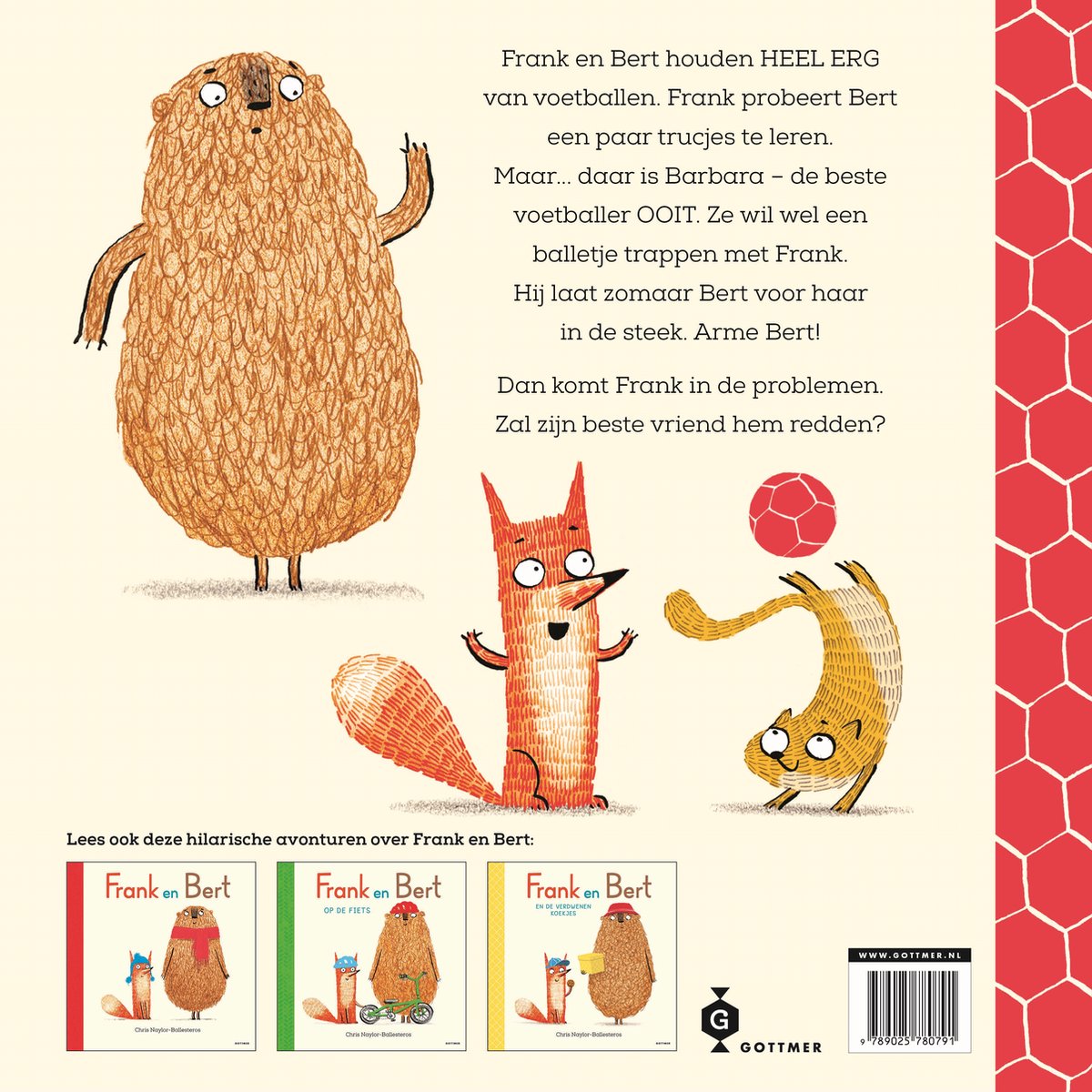 Achterkant boek: Een beer met bal, een vos en een kat. Met tekst en de andere boeken van Frank en Bert.
