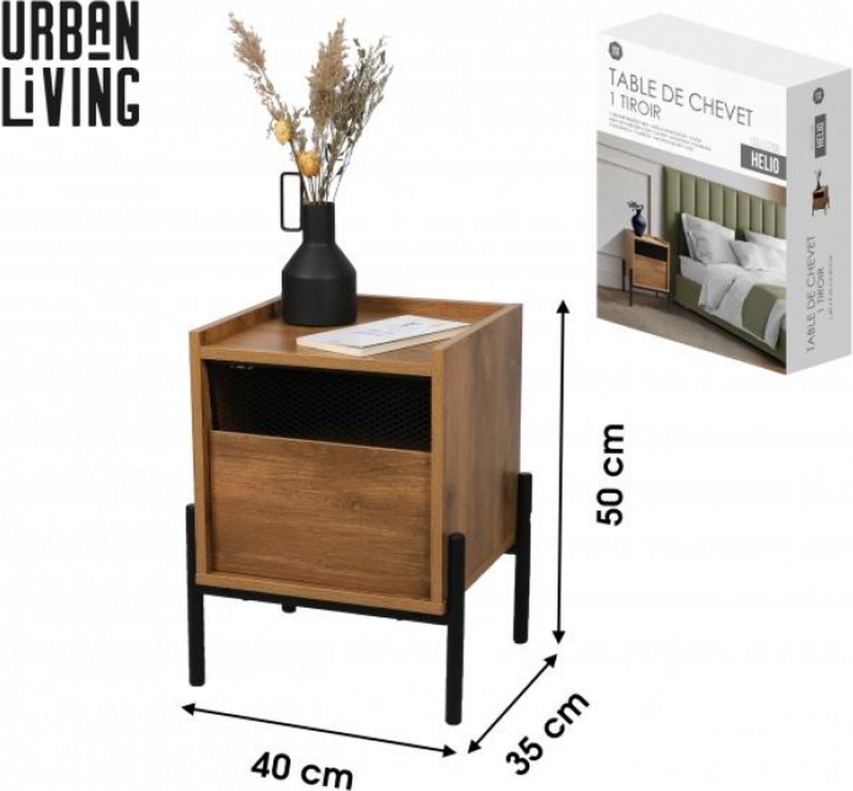 Urban Living "HELIO" NACHTKASTJE MET 1 LADE EN METALEN POTEN 40X35XH50CM hout