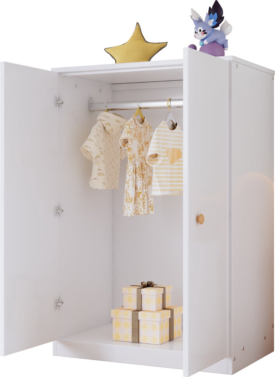 Merax Kleine Kledingkast met Stang en 2 Deuren - Compacte Opbergkast voor Slaapkamer - Woonkamer of Kinderkamer - MDF - Wit