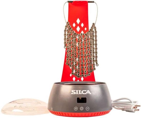 Silca kettingwax systeem met rode houder waaraan een ketting hangt, grijs reservoir.