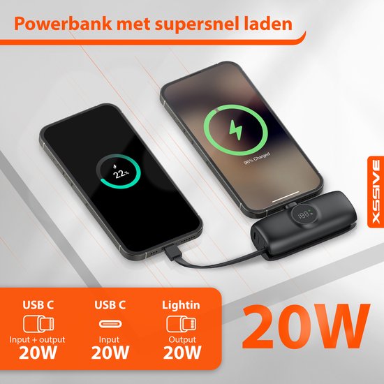 Mini Powerbank 5000 mAh - Compatible avec iPhone 14 Pro Max / iPad avec port Lightning - Chargeur rapide USB C 20 W intégré pour iPhone 16 Pro Max - Chargeur Fast 20 W - Compact et léger - Zwart