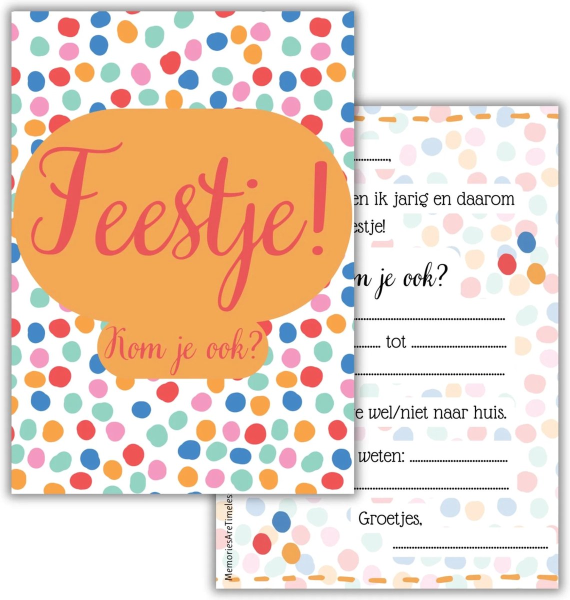Vrolijke Uitnodigingskaarten voor Kinderfeestjes – Set van 6 met Stippen en Confetti – Memories Are Timeless
