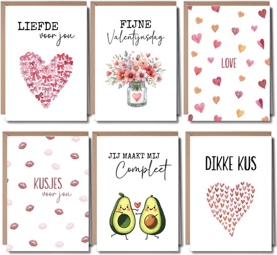 6 Luxe Wenskaarten met Enveloppen - Kaarten Liefde - Kaartje Vaderdag - Bedankt Juf & Meester - Einde Schooljaar - Kusjes
