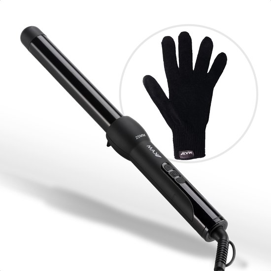 Zwarte Max Pro twist krultang met 25mm diameter, inclusief zwarte hittebeschermende handschoen.