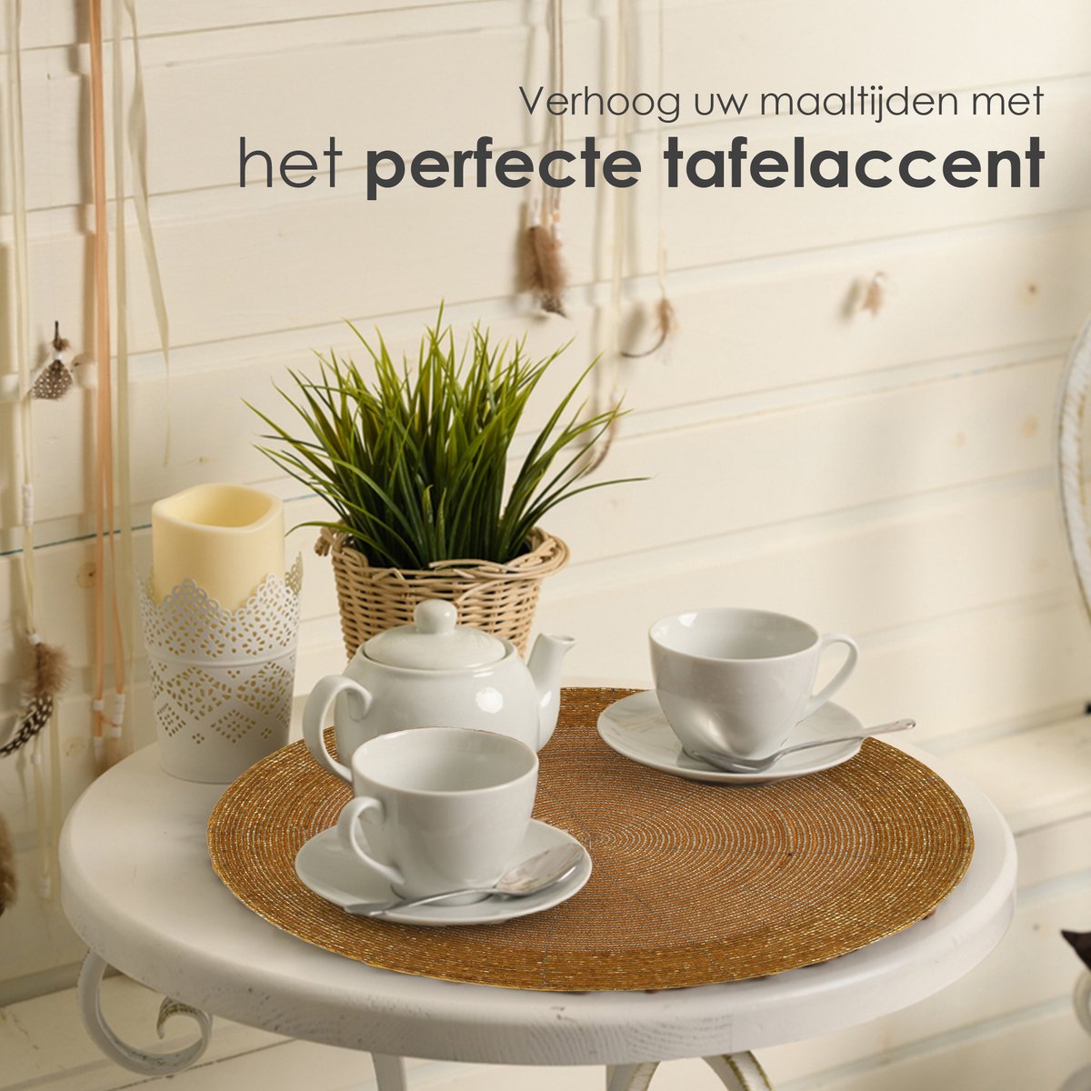 Penguin Home® Set van 12 glazen kralen Placemats, onderzetters en servetringen - zilverkleur - ronde Placemats - handgemaakt door bekwame Indiase ambachtslieden - Diameter - 32 cm (13