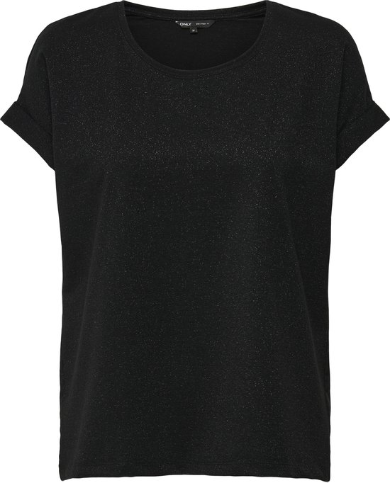 Zwarte glitter top met korte, omgeslagen mouwen en ronde hals.