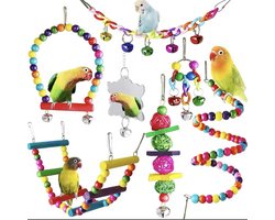 Vogelspeelgoed zeer compleet! -7 Delig - Vogelspeelgoed - Spiegel - Vogelschommel - Zitstokken - Vogels - Parkiet - Papegaai - Speelgoed valkparkiet - Assecoires - Hout- Plezier - Bel - Vogelkooi - Voor valkparkieten, vinken, kleine papegaai soorten.