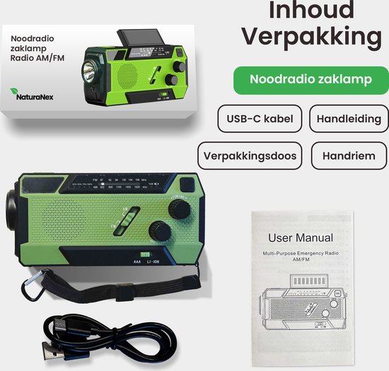 NaturaNex Noodradio Solar Opwindbaar Radio - Powerbank 4000mAh Zonneenergie - Ingebouwde Kabels - Dynamo / Zonnepaneel - Noodpakket - Zaklamp Opwindbaar - Survival Kit - FM - AM