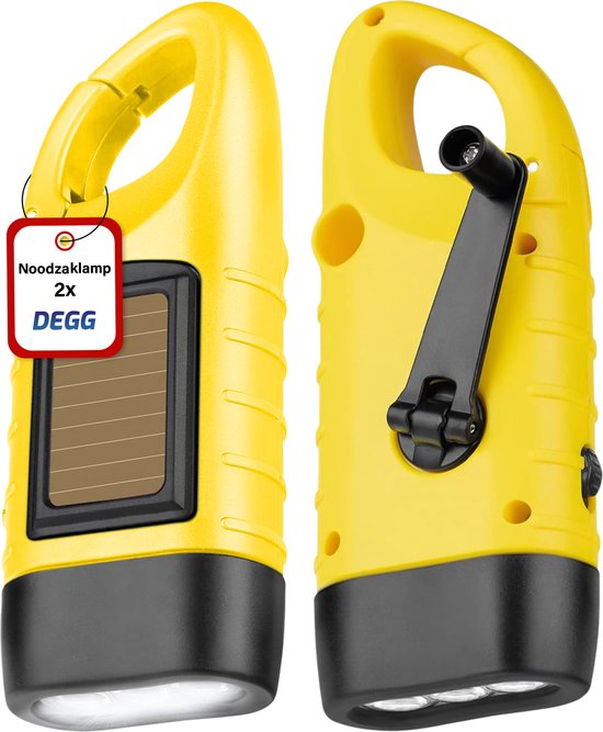 DEGG – 2x Noodzaklamp Solar en Opwindbaar – Zaklamp Zonne energie – Zaklantaarn – Knijpkat – Noodzaklamp – Noodsituatie