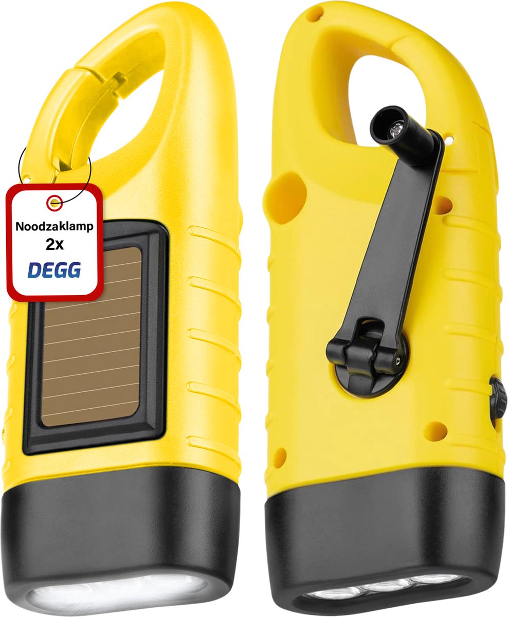 DEGG - 2x Noodzaklamp Solar en Opwindbaar - Zaklamp Zonne energie - Zaklantaarn - Noodpakket - Knijpkat - Noodzaklamp - Noodsituatie - Geel - 2 STUK(S)