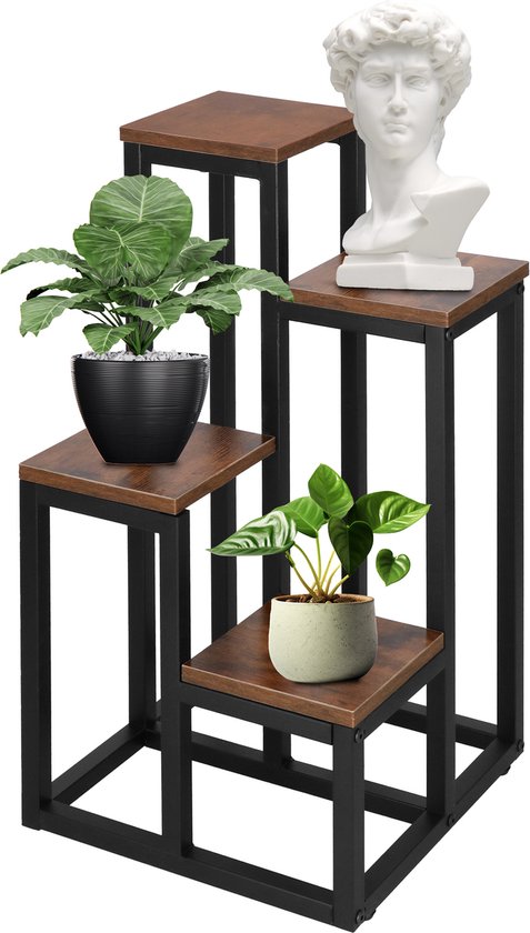 Springos Plantenrek | Plantenstandaard | Plantentrap | 4 Niveaus | Metaal | Hout | Zwart | Donkerbruin