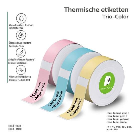 Étiquettes thermiques Olympia OL 6314 - Étiquettes - 180 pièces - Rose/Jaune/ Blauw - Maison/ Hobby /Bureau - pour Printer d'étiquettes thermiques Olympia série P22 - Paquet de 3