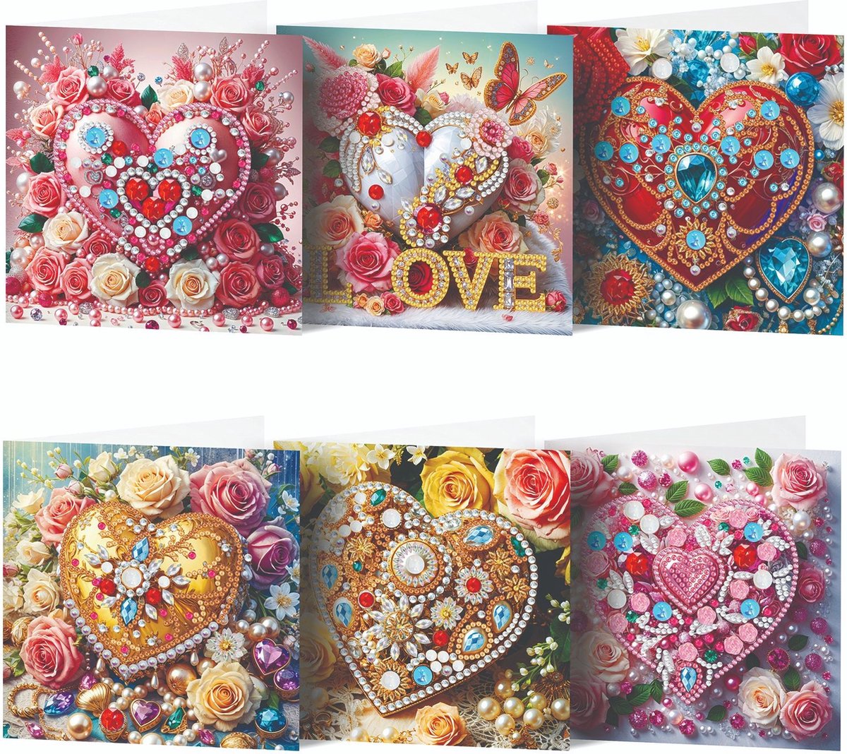 Adorzy Diamond Painting Kaarten Harten – 6 Wenskaarten met envelop - Diamond Painting Volwassenen – Diamond Painting Volledig Pakket