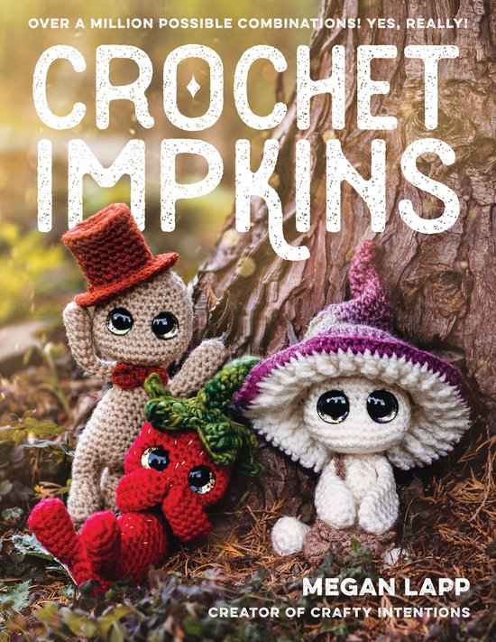 Boek "Crochet Impkins" met twee gehaakte figuurtjes: een bruine hond met hoge hoed en een paddenstoel met paarse rand.
