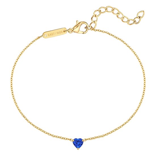 Gouden armband met een blauw hartvormig steentje en EAST/SIDE logo