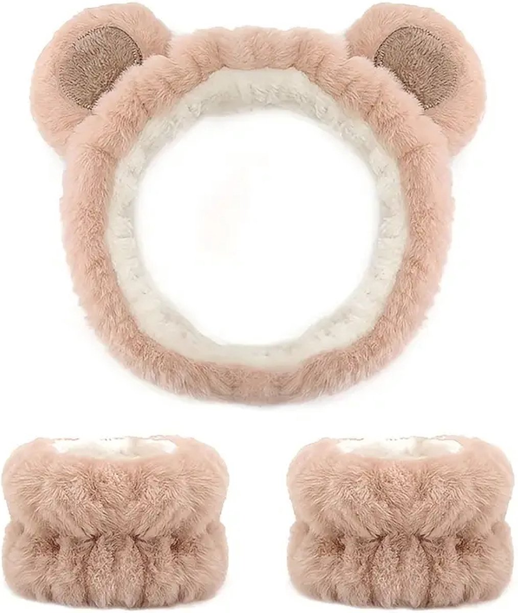 Make-up Haarband & Water Absorberende Polsbanden voor Face cleaning – Pluche Makeup Berenoren voor Gezichtsverzorging, Skincare, Face Washing & Carnaval Cosplay - Bear Ears - Beer Accessoires
