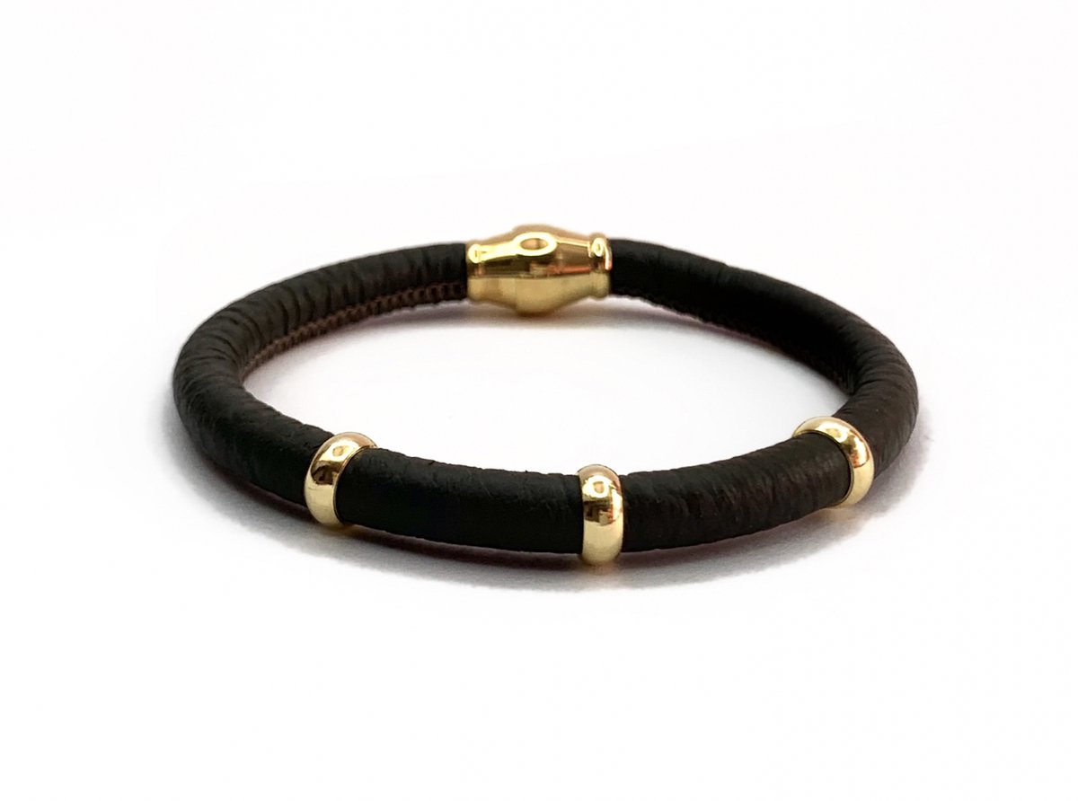 NIEUW! Jolla - dames armband zilver - goudkleurig - leer - magneetsluiting - bedels - Single Gold - Antraciet