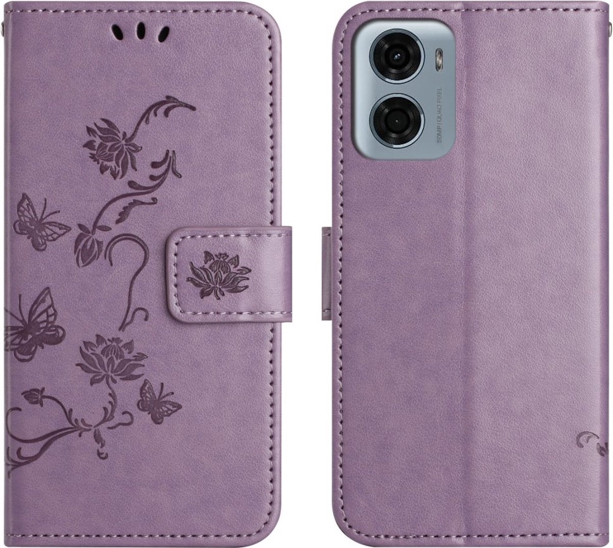 Coverup Hoesje - Geschikt voor Motorola Moto G05 / E15 Hoesje - Coverup Bloemen & Vlinders Book Case - Lila