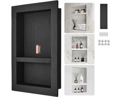 Buylin Wandnis - Wandnis Badkamer - Douchenis - Inbouwnis - 2 planken - 40,64 x 60,96 x 10 cm - Waterdicht -Zwart