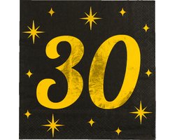 Paperdreams Verjaardag feest servetten - leeftijd 30 jaar - 16x stuks - zwart/goud - sterren - 33 x 33 cm