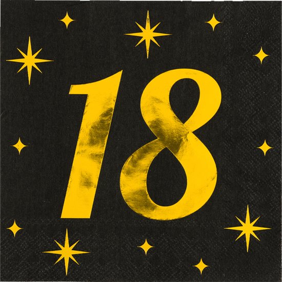 Serviette noire avec le chiffre 18 doré et des étoiles dorées.