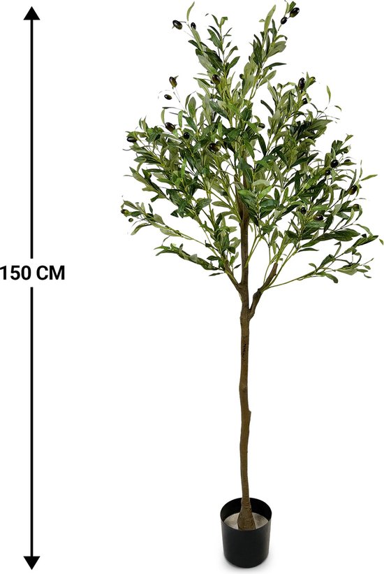 Kunstmatige olijfboom van 150 cm hoog met groene bladeren en zwarte olijven, in een zwarte pot.