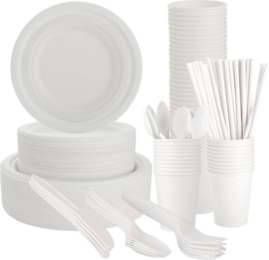 AKOLAFE 400 stuks serviesset, papieren borden, milieuvriendelijk, wegwerpservies, biologisch afbreekbaar, wegwerpservies, set voor 50 personen, met vorken, messen en lepels voor verjaardag