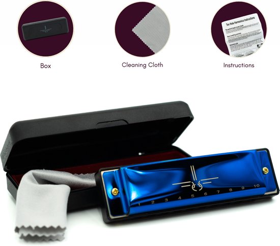 Mondharmonica C voor Volwassenen en Kinderen - Instructieblad - Metallic Blue Blues Harp
