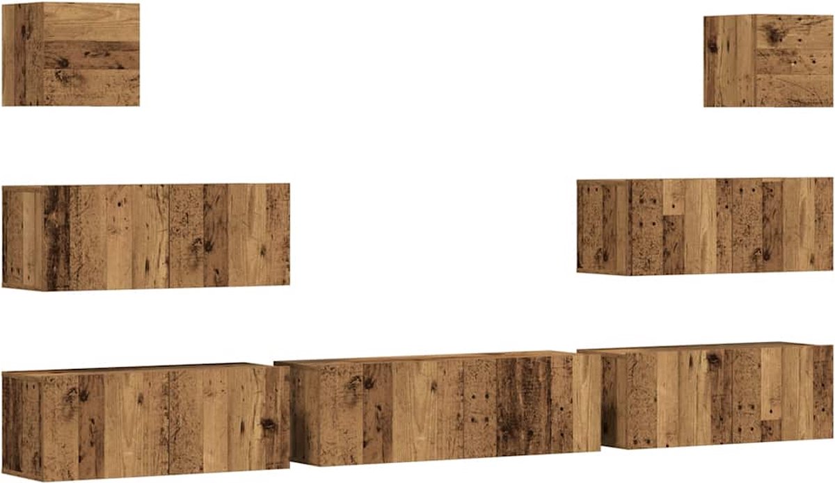 vidaXL - 7-delig - Tv-meubelset - wandmontage - bewerkt - hout - oud - houtkleurig