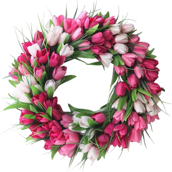 YQYAZL Kunstmatige tulpenkrans, deurkrans, tulpenkrans, bloemenkransen voor voordeur, lente, zijden krans met groene bladeren voor thuis, bruiloft, decoratie, roze
