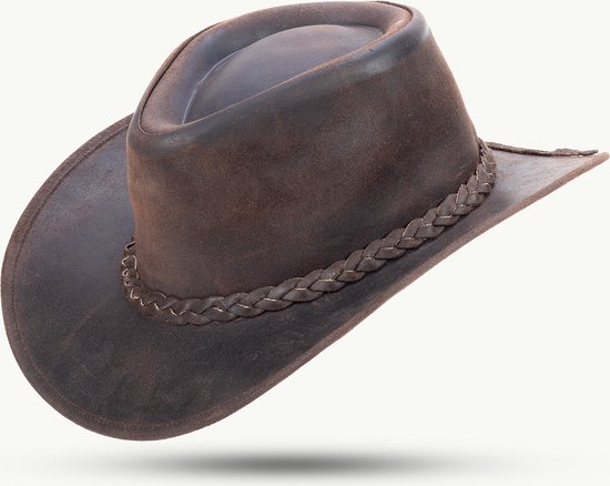 Bruine leren westernhoed met gevlochten band, schuin van voren gezien.