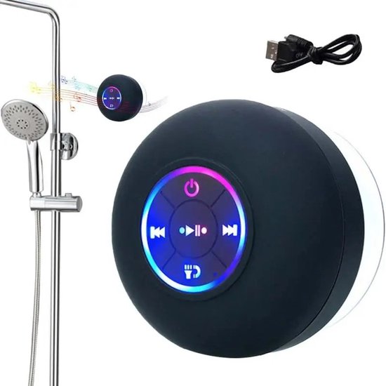Waterdichte Mini Speaker - Bluetooth Douche Speaker - Waterdichte LED Luidspreker Voor De Douche - Draadloze Mini Speaker - Handsfree Bellen - Douchespeaker - Met Zuignap - Zwart