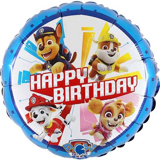 Folieballon met 'Happy Birthday' en de Paw Patrol pups Chase, Marshall, Rubble en Skye.