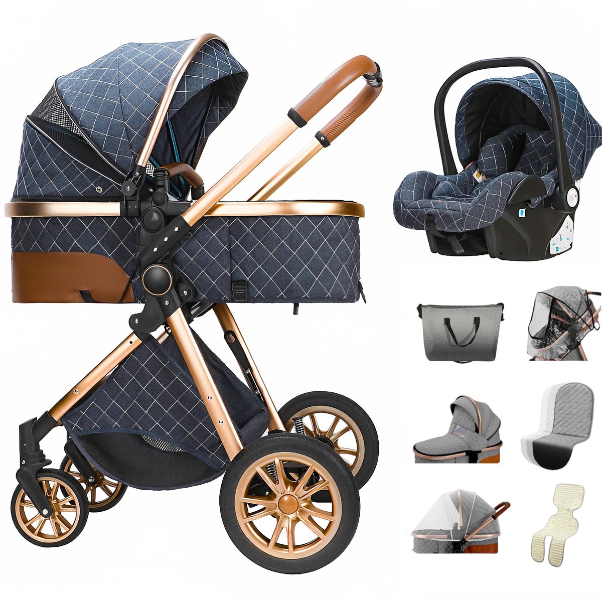 Luxe Kinderwagen - 3 in 1 - kinderstoel -Draagbaar - Opvouwbaar - Aluminium Frame - Auto - Blauw