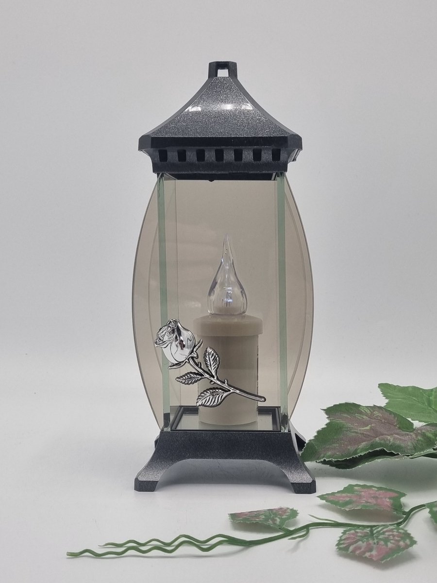 Lubema Herdenkingslicht - L-70o - Lantaren - Roosje - Zilver - Spiegel - Windlicht - Graflicht - Graflantaarn - Grafdecoratie