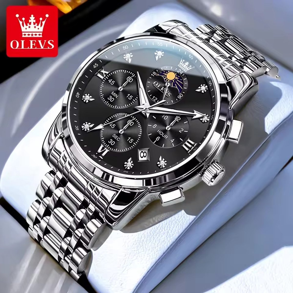 HO-3655.z-zw : OLEVS zilverkl edelstaal chronografisch quartz horloge, zwarte wijzerplaat, 2de tijdzone uren minuten maanfase -aanduiding, diamant, zirkonia