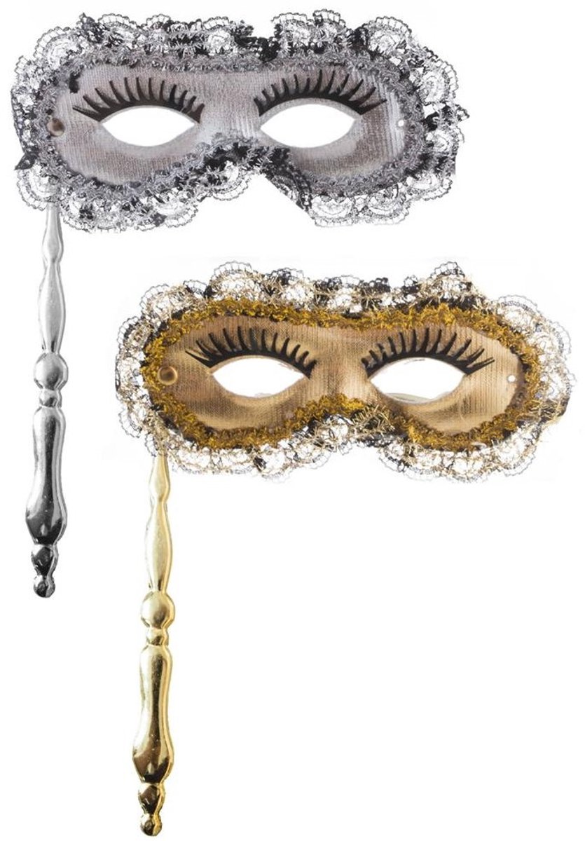 Venetiaans oogmasker met stokje - zilver-zwart of goud-zwart