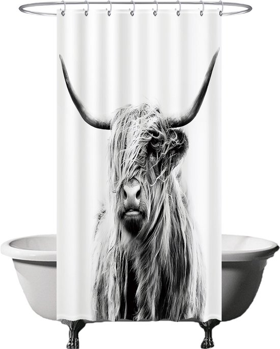 Rideau de douche Ulticool - Scottish Highlander Wit Zwart - 120 x 200 cm - avec 8 anneaux